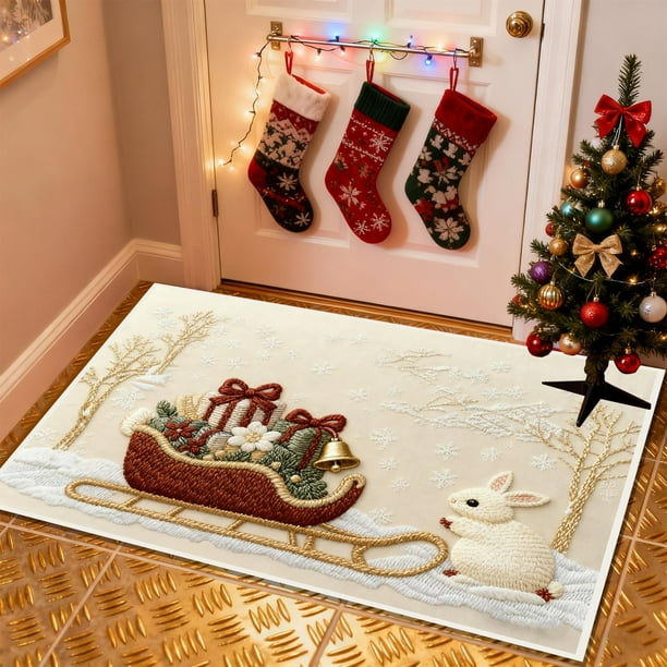 Christmas Holiday Embroidery Style Non-Slip Absorbent Kitchen Floor Mat, Washable Indoor Doormat for Entryway Bathroom Laundry Room Decor