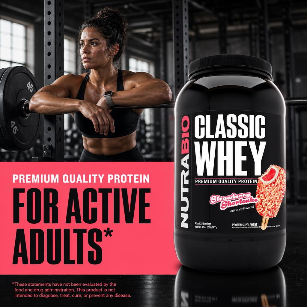 NutraBio Classic Whey Protein Powder Supplement - 25g of Protein Per Scoop - Full-Spectrum Amino Acid Profile with No Fillers, Artificial Colors, or Preservatives - Strawberry Shortcake, 2 Pounds