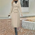 thumbnail image 4 of Women's Long Wool Blend Coat, Classic Double Breasted Trench Coat, Belted Open Front Overcoat, Elegant Lapel Jacket, Casual Long Coat, Trench Style Outerwear, Fall Winter Coat Beige L, 4 of 6