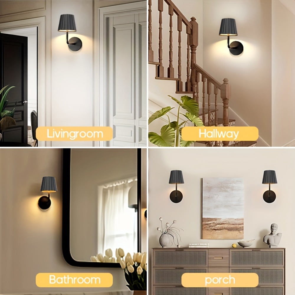 Jercoda 2 Pack Wireless Wall Sconces with Remote Control, 2000mAh Rechargeable Arm Wall Lights with Touch Control, Black Metal Wall Lamps for Bedroom Living Room, Set of 2