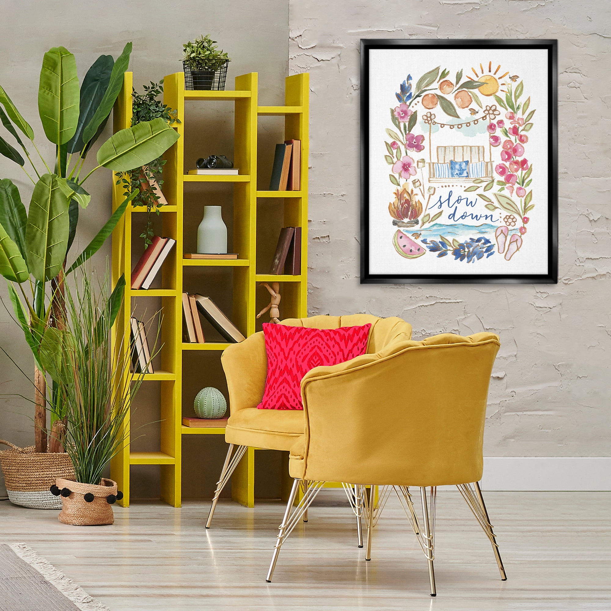 Stupell Industries Slow Down Summer Florals Plants & Flowers Painting Black Floater Framed Canvas Art Print Wall Art, 25 x 31