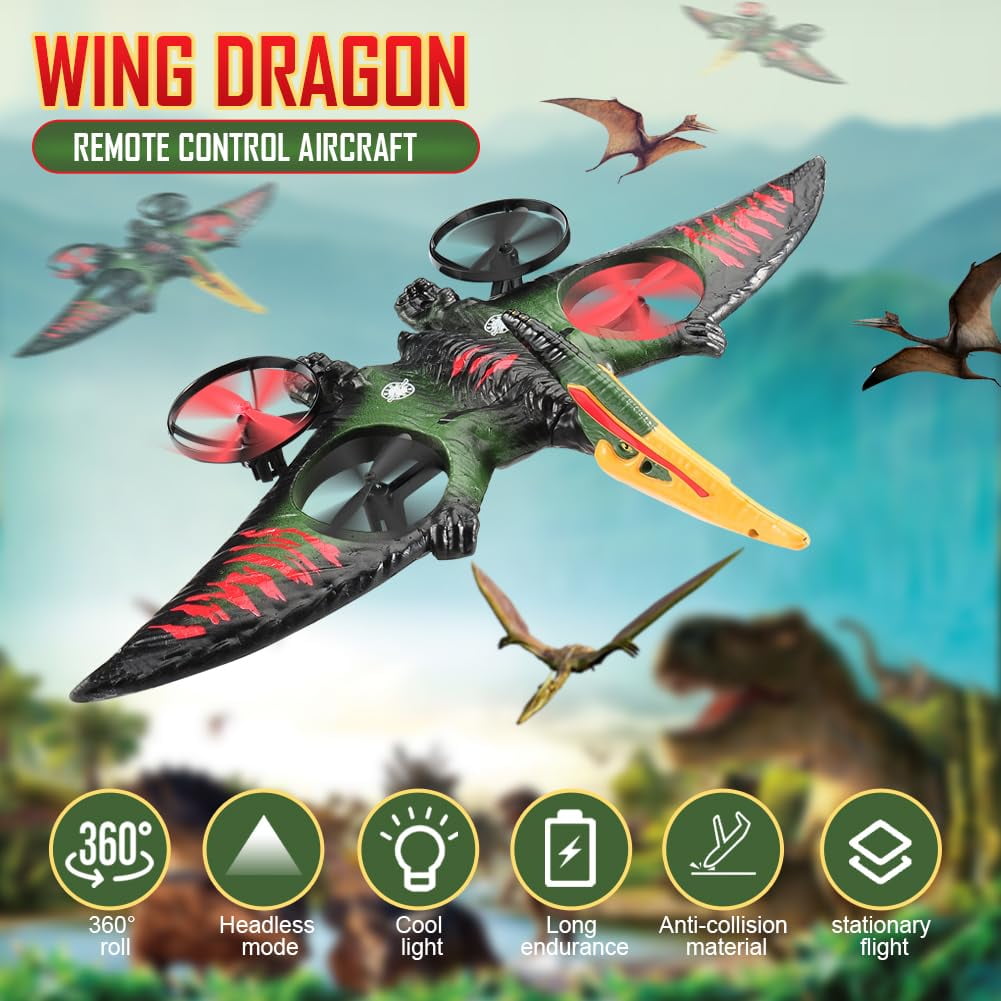 Unbranded Dinosaur RC Plane, 2.4GHz Remote Control Drone with LED & 3D Flips, EPP Foam Flying Toy for Kids Boys Ages 8-12