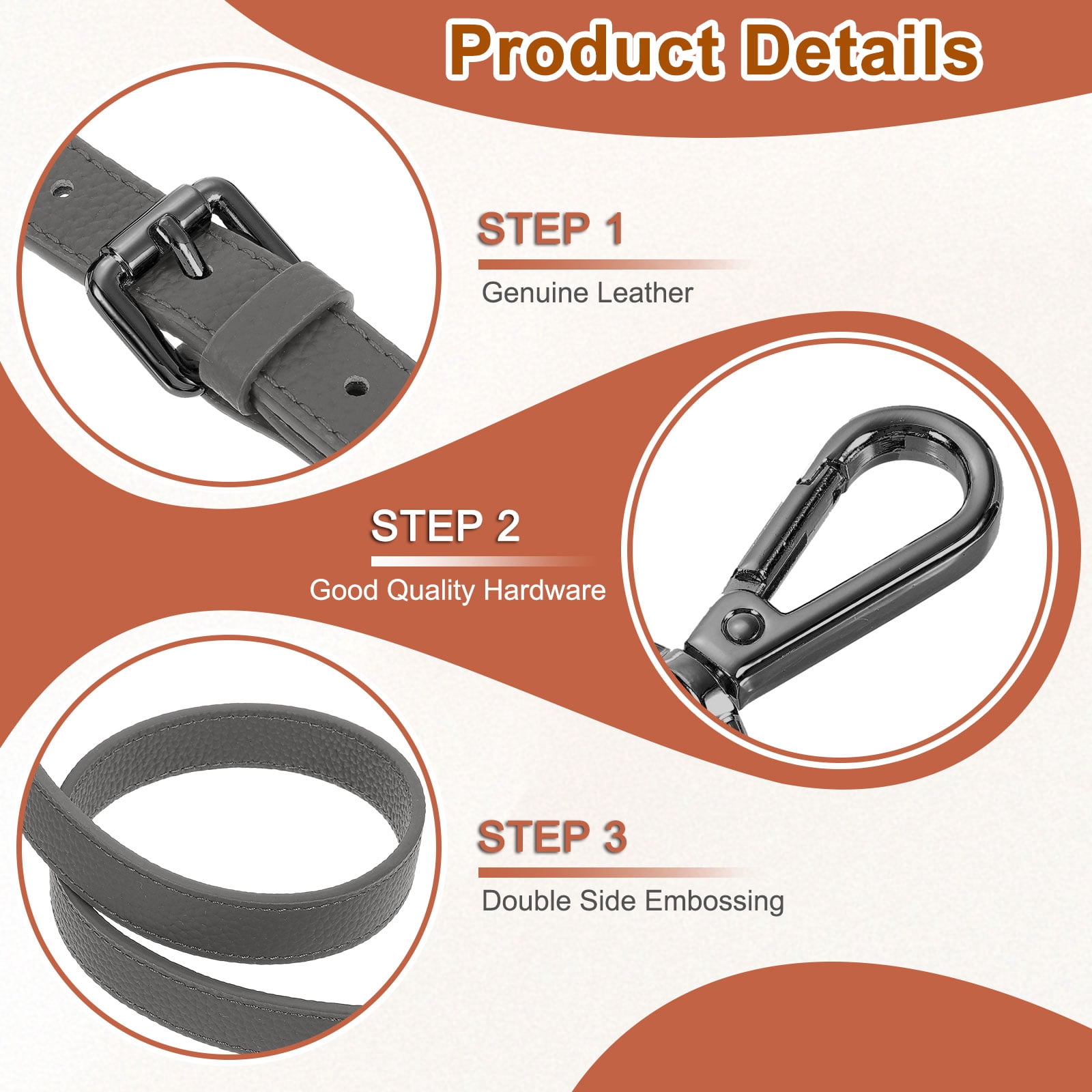 0.6" Genuine Leather Purse Strap for Bag (Dark Gray, Black Buckle)
