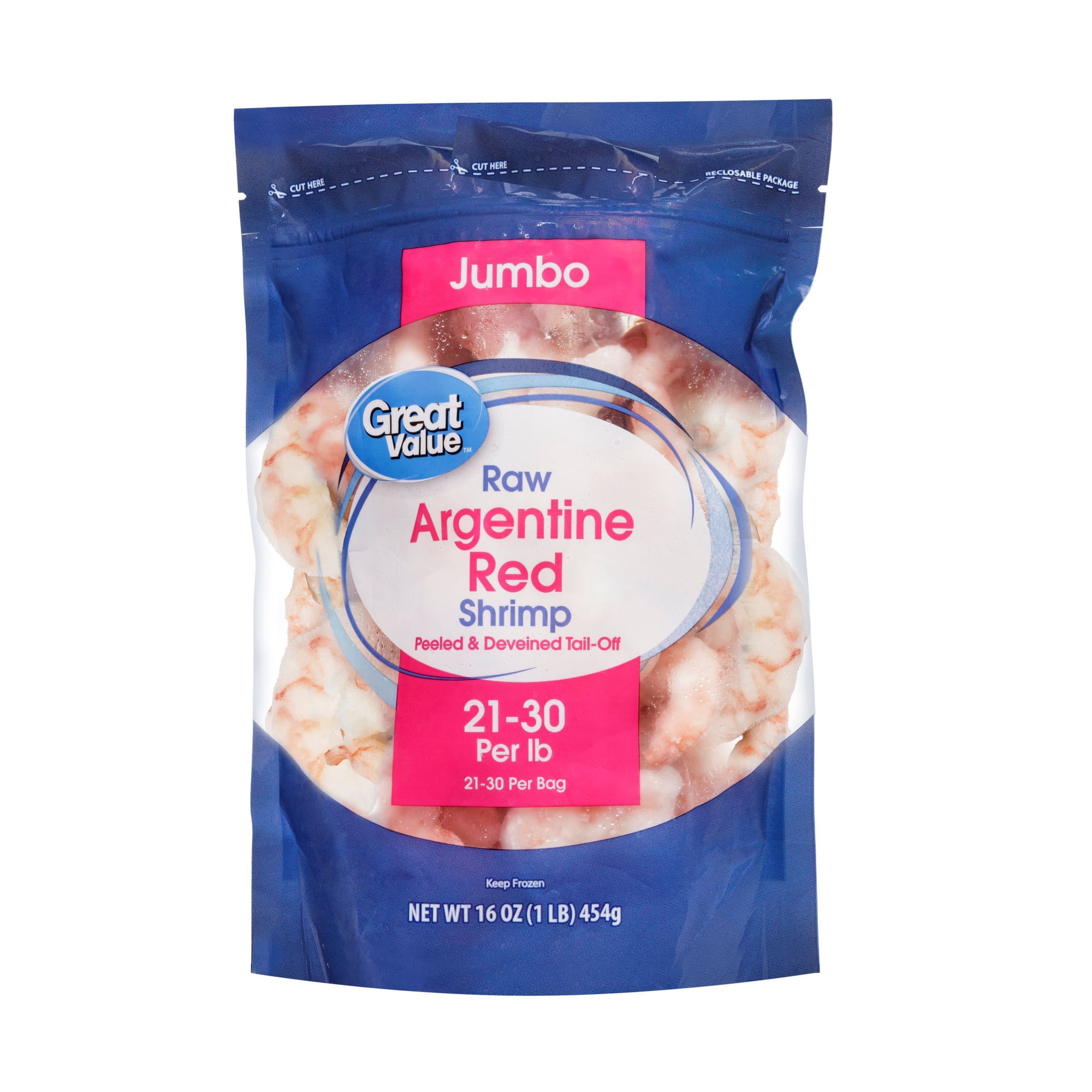 Great Value Frozen Raw Argentine Red Shrimp, Peeled and Deveined, Tail-off, 21 -30 Count per 1 lb Bag, 11g Protein per 4 oz (113g) Serving