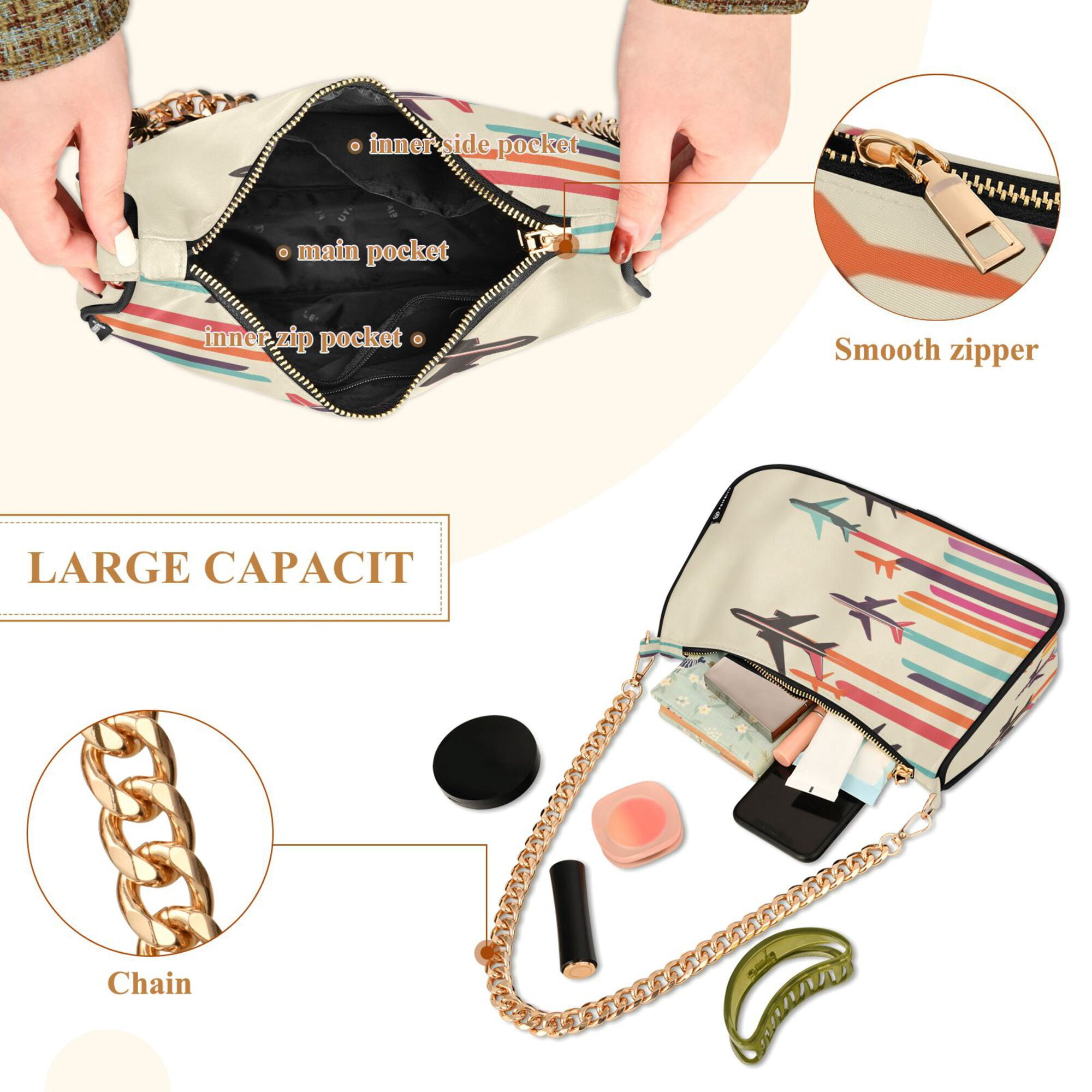 FORMRS Womens Shoulder Bag with Chain Strap Clutch Purse Cute Tote Handbag, Flying Planes