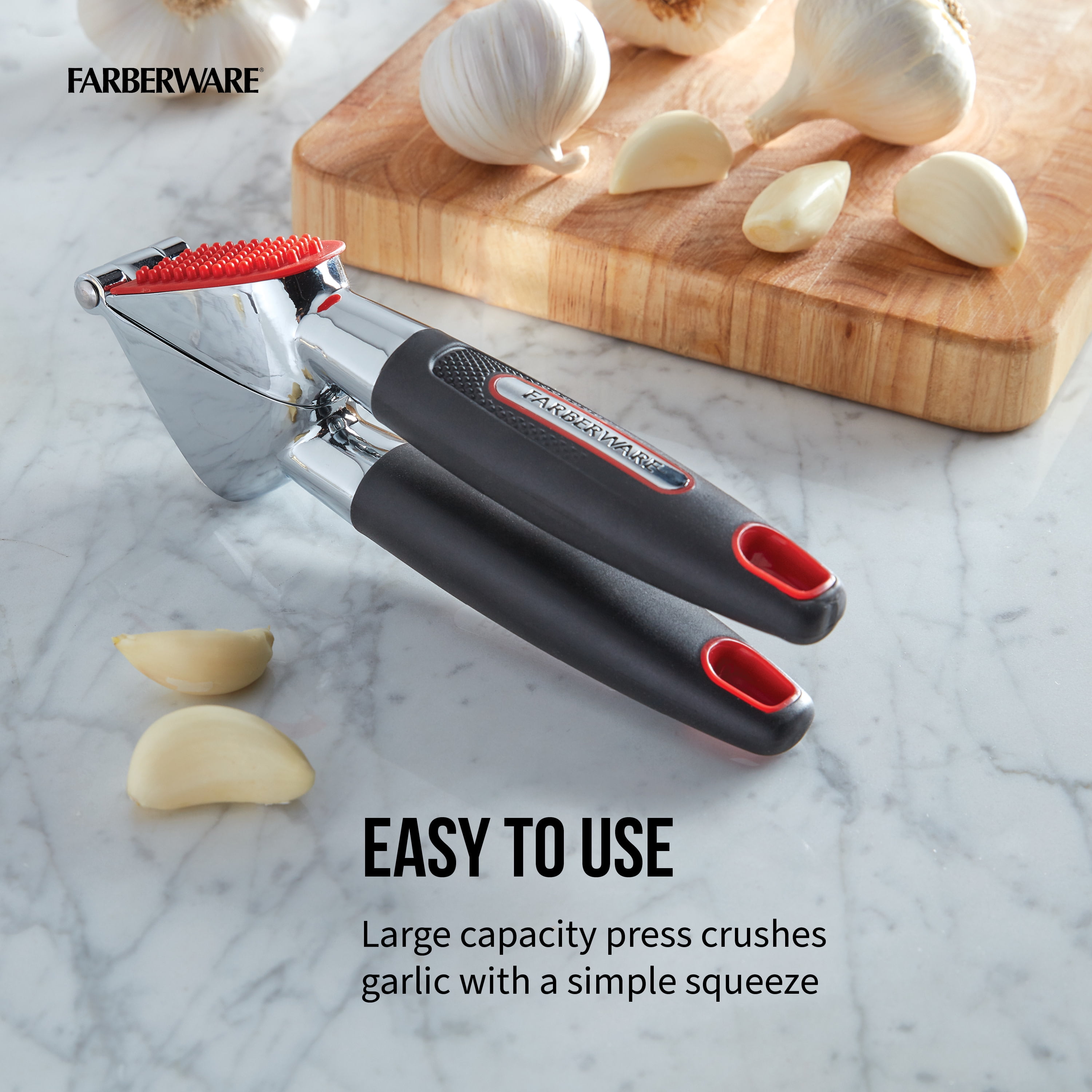 Farberware Soft Grips 0.86 lb Stainless Steel Garlic Press with Black  Handle and Red Accent