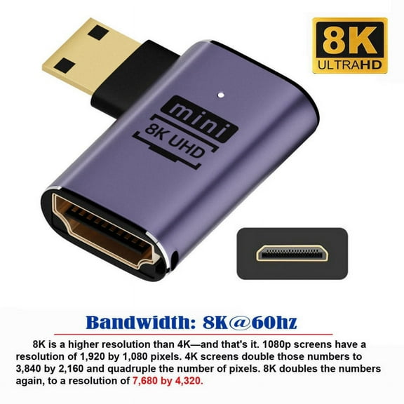 FVH Left Angled Mini HDMI Male to HDMI 2.1 Female UHD Extension Gold Converter Adapter Support 8K 60hz HDTV