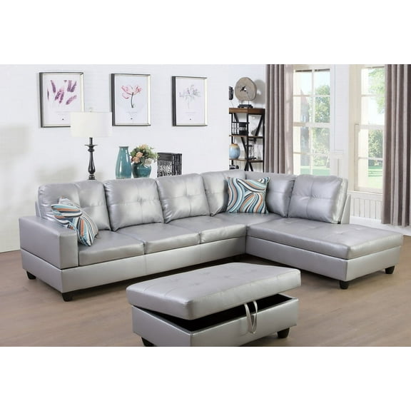 PonLiving Faux Leather 3 Piece Sectional Sofa Couch Set, L-Shaped Modern Sofa with Chaise Storage Ottoman and Pillows for Living Room Furniture
