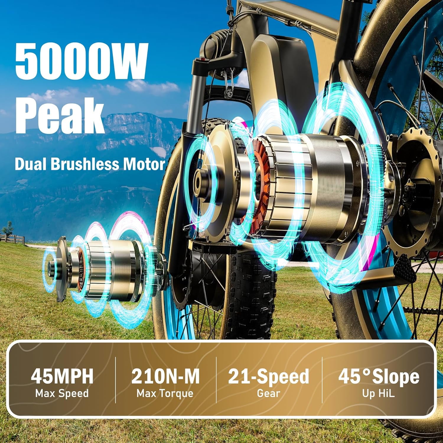 5000W (Peak) Electric-Bike for Adults, 60V 25AH Battery Electric Motorcycle, Dual-Motor-Ebike 50MPH Ebike, 26*4.0 Fat Tire Electric-Bicycle, AWD 21-Speed Mountain Bike for All-Road UL 2849