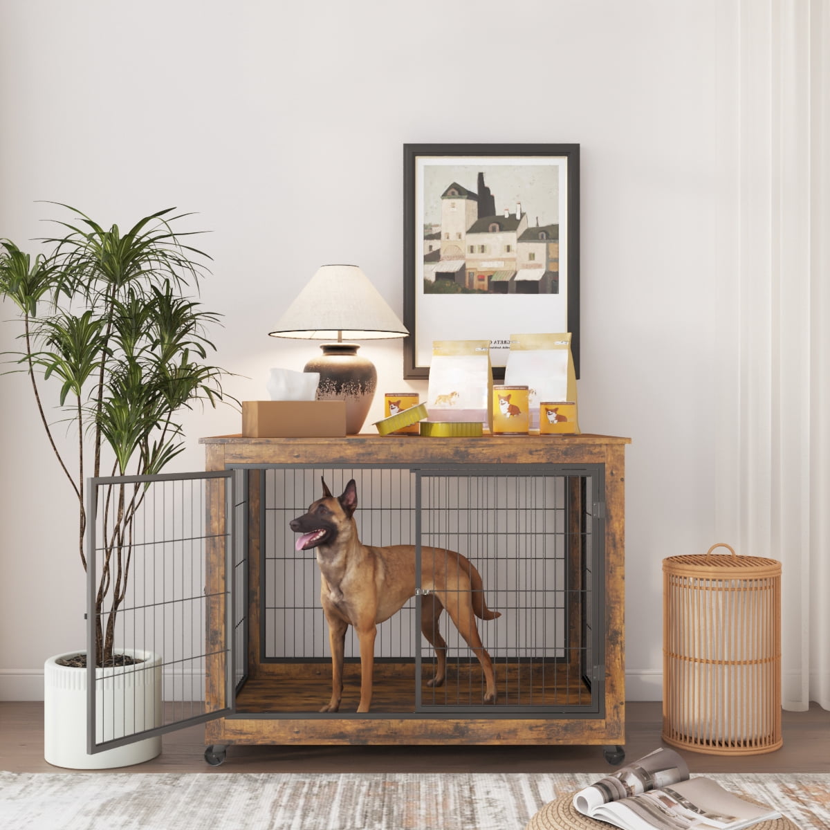 Syngar Dog Crate on Wheels, Wooden Dog Cage with Lockable Double Doors and Lift Top, Modern Home 2-in-1 Dog House End Table Furniture, Dog House for Small/Medium Sized Dogs, Rustic Brown, 43.7"L