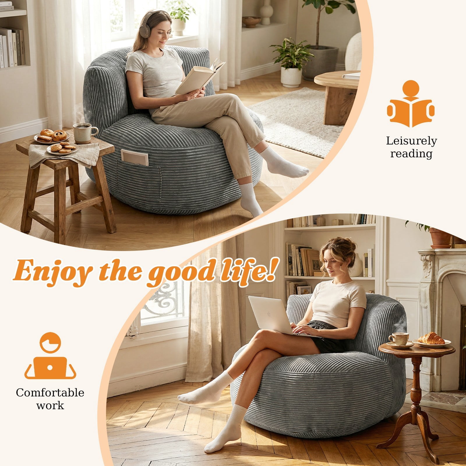 TOPCHANCES Large Bean Bag Chair for Adults, Crushed Foam Floor Chair with Storage Pocket & Carry Handle,  Indoor Lazy Lounger Sofa for Living Room Bedroom, Dark Gray