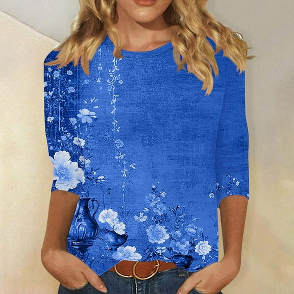 LYEAA Women Casual 3/4 Sleeve T-Shirt Floral Print Round Neck Loose Fit Summer Top Breathable Cotton Comfortable Daily Wear Blouse for Outdoor Activities Blue M