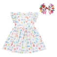 thumbnail image 2 of OBEEII Back to School Dress for Girls Toddle Kids Flutter Sleeve Casual Outfits Pencil Apple Print School Dress Clothes with Bow Headband 6-7 Years White, 2 of 10