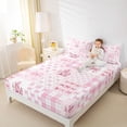 thumbnail image 3 of Manfei Pink Princess Castle Bow Full Size Sheets For Kids Girls,Patchwork Geometric Plaid Bed Sheets,4-Piece, 3 of 6