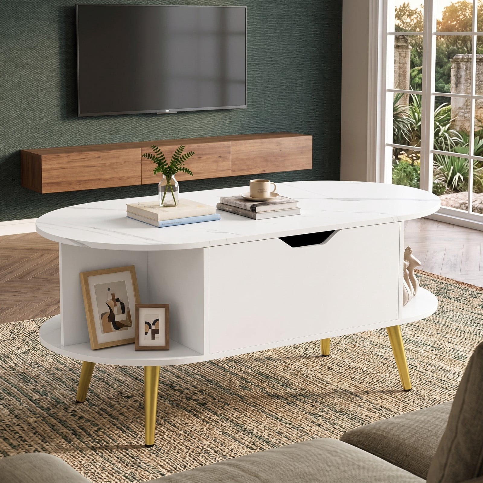 Furnibear Faux Marble Lift Top Coffee Table with Hidden Compartment and Side Shelves, 2-in-1 Rectangle Storage Center Table for Living Room, Engineered Wood &, White
