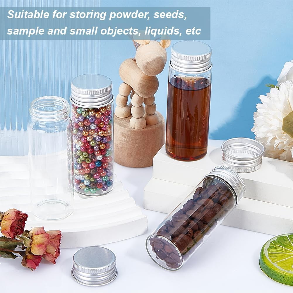 1Box 20Pcs Glass Bead Containers with Aluminum Cap Silver 8.1x3cm Capacity: 40ml(1.35fl. oz)