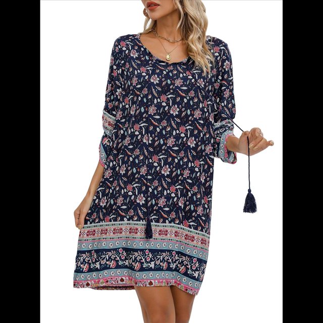 Vestido Informal de Verano para Mujer, Estilo Bohemio, con Borlas y Cuello Anudado, Larga 3/4, Estampado Floral Corto Tíbet S