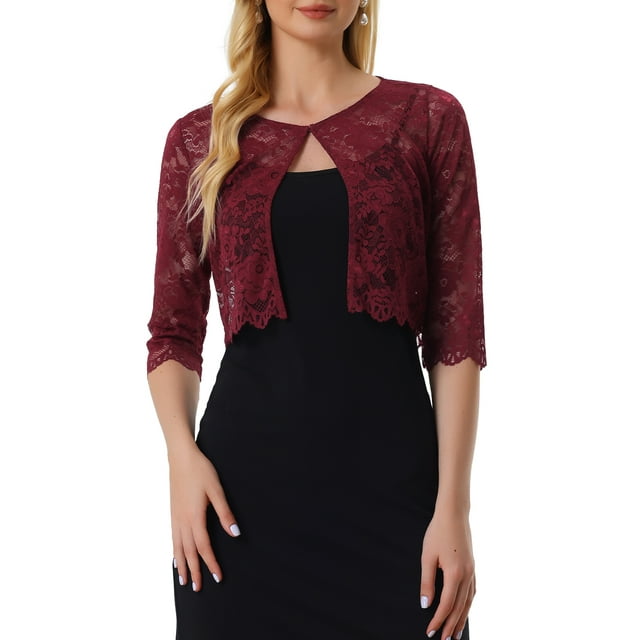 INSPIRE CHIC Cardigan pour Femme Ouvert Manches 3/4 Transparent en Dentelle Florale Boléro Court TP Rouge Bordeaux
