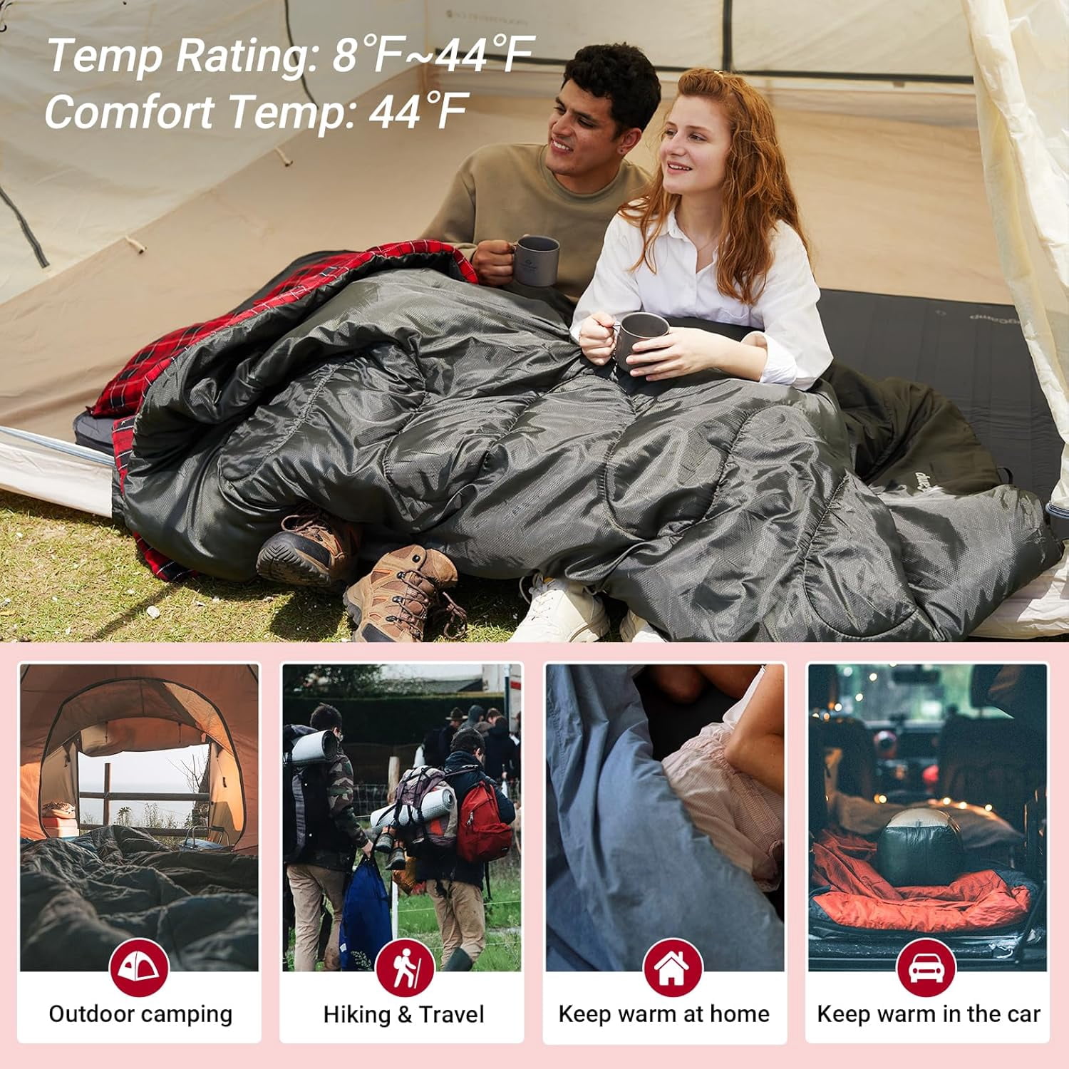 KingCamp Cotton Flannel Queen Size 2 Person Double Sleeping Bags with Pillows for Adult Lightweight Compact Backpacking Camping 20°F for Couples & Family Black
