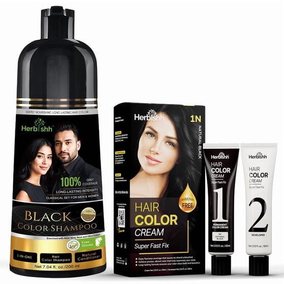 Herbishh Black Shampoo, Hair Dye Shampoo 3 in 1, 100% Grey Coverage, Demi-Permanent Hair Color for Men & Women, With Rapid Infusion Cream Combo