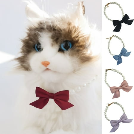 Taolixe Pet Necklace Anti-suffocation Adjustable Lightweight Bowknot Faux Pearl Dress Up Easy-wearing Kitten Dog Bell Necklace Jewelry for Daily Wear