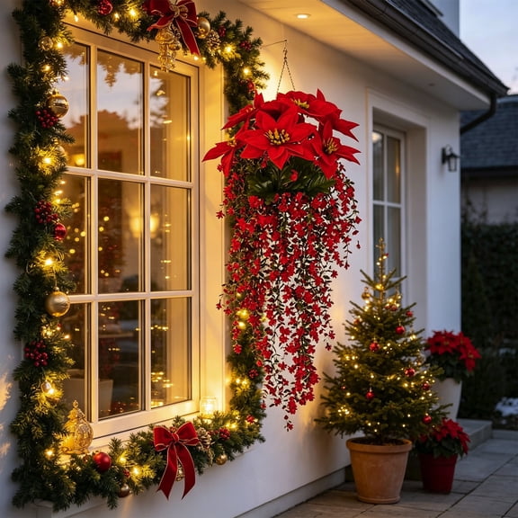 Artificial Poinsettia Hanging Floral Swag Trailing Flower Arrangement For Exterior Window Holiday Decoration