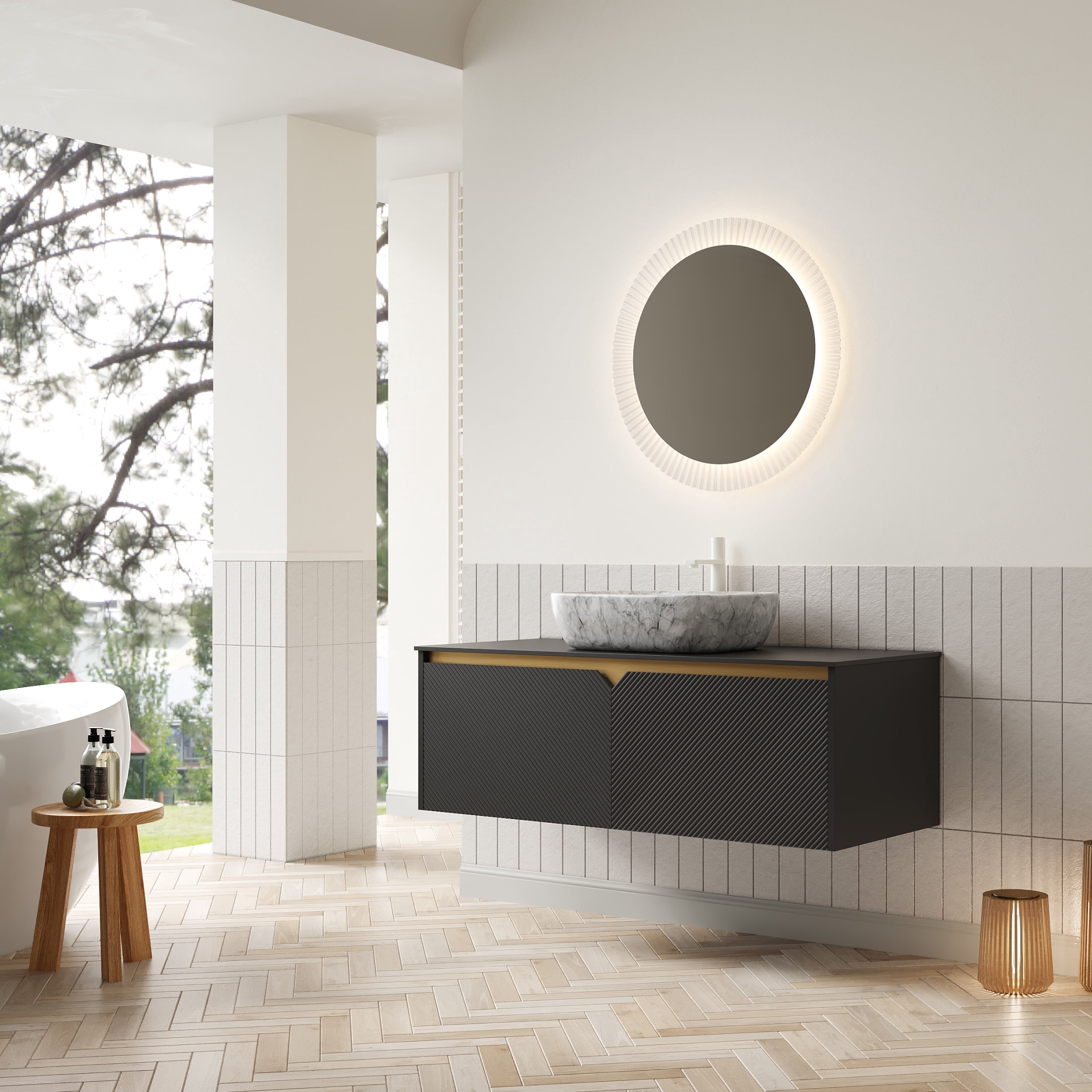 Noble House RUBEN 48" Floating Bathroom Vanity, Sintered Stone Top Cabinet with Gray Stone Ceramic Vessel Sink, Black
