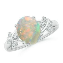 ANGARA Natural Opal & Diamond Classic Ring for Women in Silver, Ring Size- 8.25 (Stone Grade: Heirloom-AAAA, Size: 10x8mm) October Birthstone Jewelry Gift for Her Birthday, Engagement, Wedding