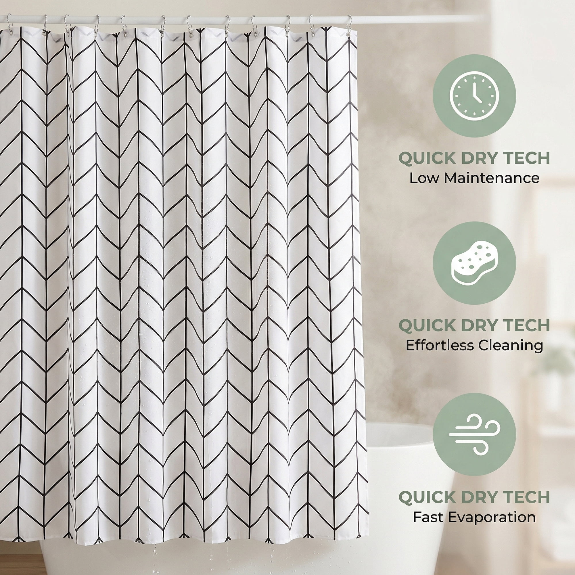 Unique Bargains Waterproof V-Stripe Shower Curtain Sets with 12 Hooks White 71"W x 71"L