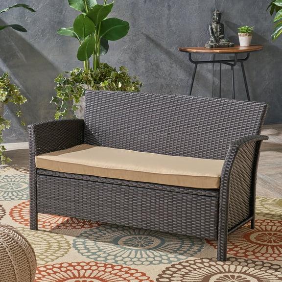 Anton Outdoor Wicker Loveseat with Cushion, Brown, Tan