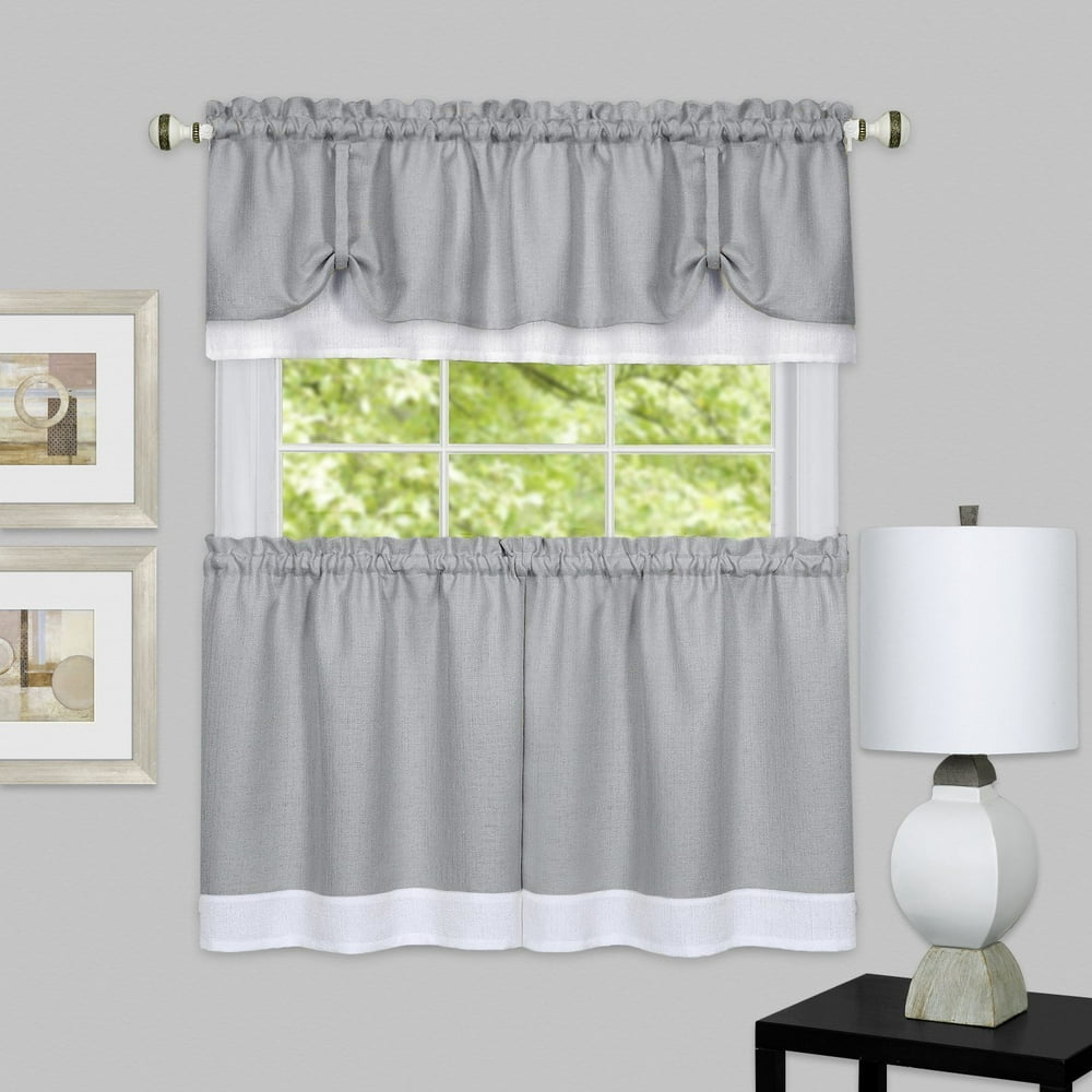 Darcy 3 Piece Kitchen Curtain Tier & Tie up Valance Set Grey