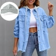 thumbnail image 2 of Women's Denim detachable Hooded Coat Long Sleeve Button Down Cardigan Jacket with Pockets Sky Blue XL, 2 of 9