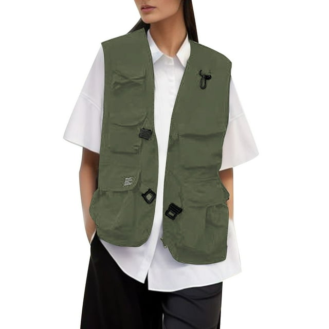 Zmoon Women's Solid Color Functional Workwear Vest with Multiple Pockets Loose Outdoor Sleeveless Vest Jacket