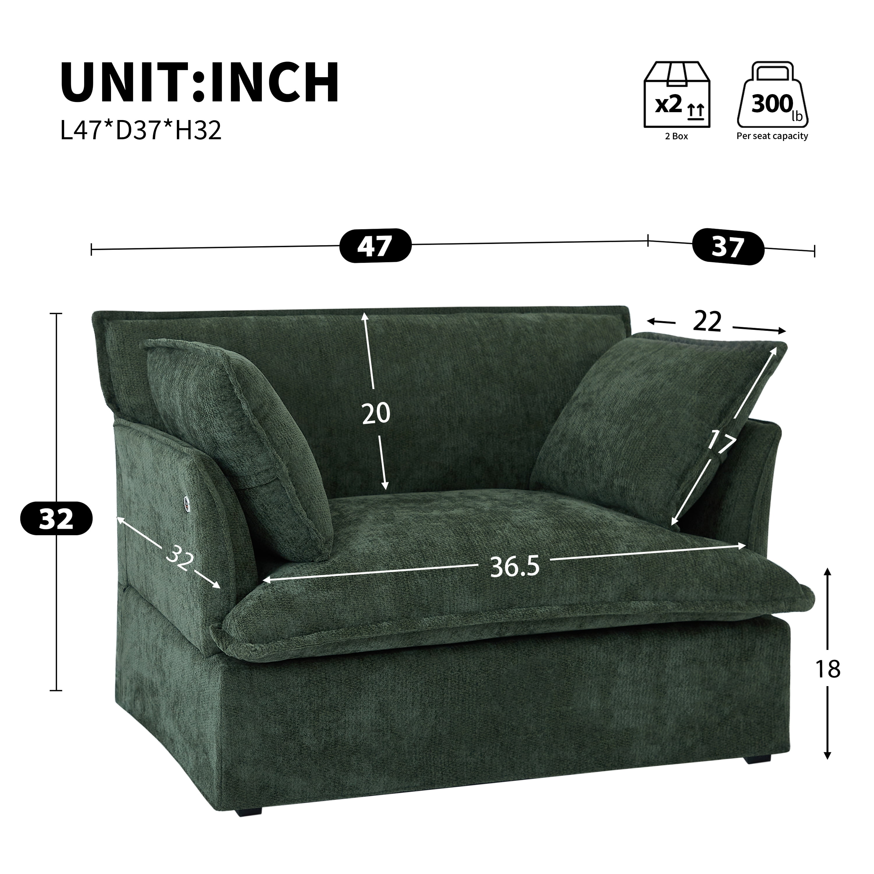 Accent Chair, Armchair, Single Sofa, Oversized Chenille Chair with 2 Pillows and Deep Seat for Living Room, Green