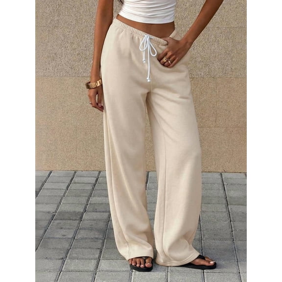 Women's Solid Color Wide Leg Sweatpants, Drawstring Elastic Waist Loose Casual Trousers with Pockets
