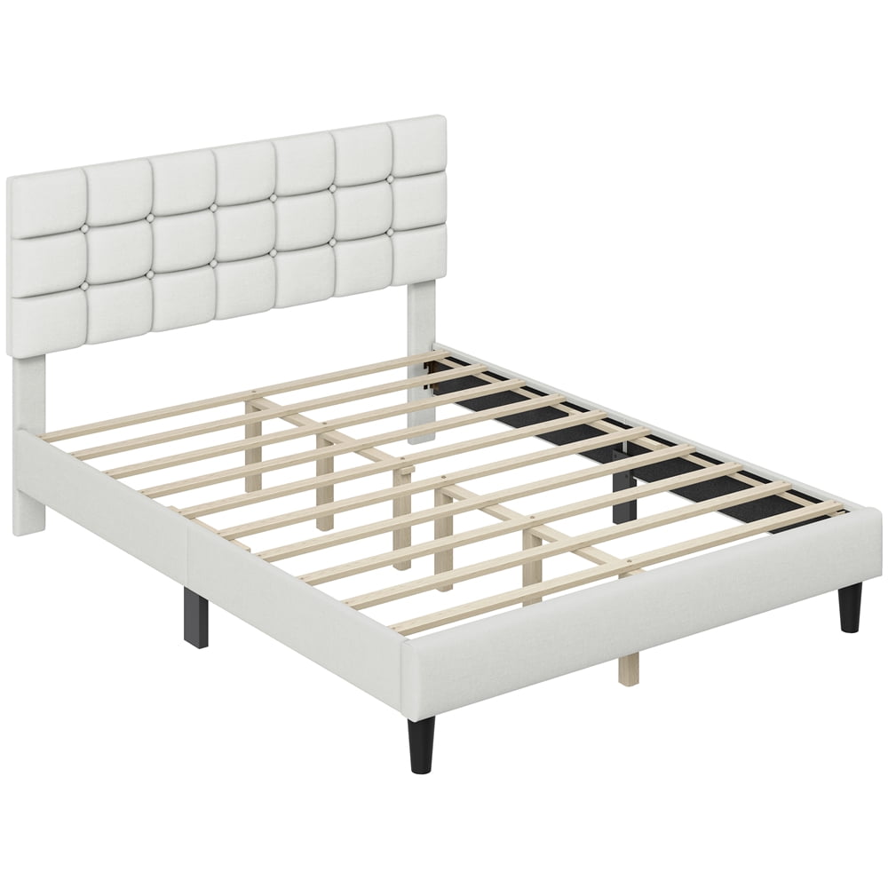 Yaheetech Upholstered Platform Bed with Square Tufted Headboard, Queen, Beige