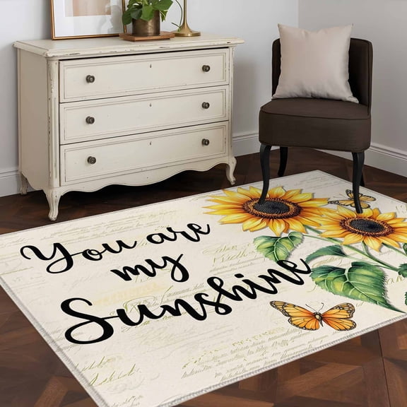 3'x5' Area Rugs, Yellow Sunflower Indoor Outdoor Area Rug for Living Room Bedroom, Vintage Butterfly Sunshine Farmhouse Washable Bathroom Rugs Kitchen Floor Carpet Mats Home Decor Aesthetic