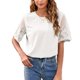 thumbnail image 1 of Camiseta de manga corta de encaje para mujer, blusa elegante de moda de Color puro con cuello redondo para citas, color blanco XXL, 1 of 6