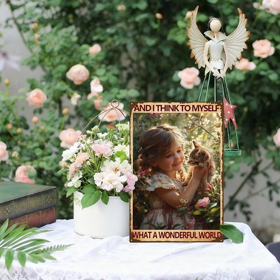 Metal Sheet Wall Art Iron Painting Garden Scene with adult Cat Butterfly Rustic Country Style Waterproof Decor for Living Room Bedroom Office Cafe