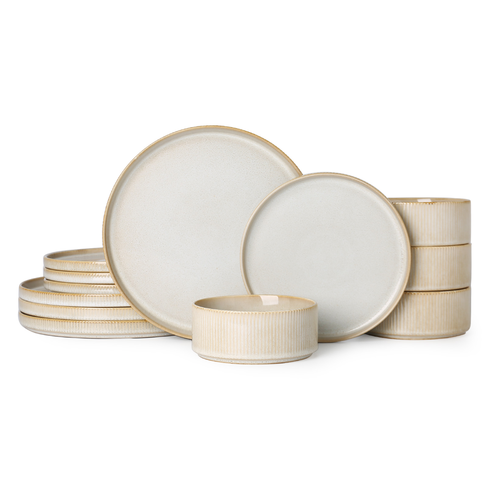 ALOFMO Stoneware Dinnerware Sets, Plates and Bowls Sets, Dish Set for 4, 12 Piece Dinner Set, Plate Sets for Kitchen, Cappuccino White