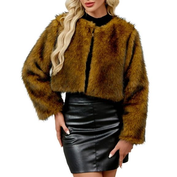 Brglopf Women's Winter Faux Fur Coats Fluffy Open Front Cardigan Cropped Jacket Fall Warm Long Sleeve Shaggy Outerwear(Yellow,M)
