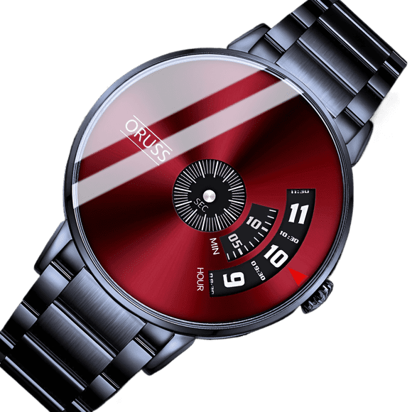 ORUSS Reloj de Cuarzo para Hombre con Plato Giratorio Único, Correa de Acero Inoxidable Negra, 30 M a Prueba de Agua, Reloj de Pulsera de Moda para Hombre