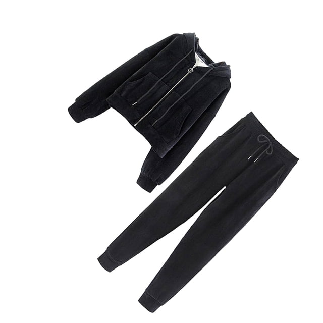 Minnieouse Conjunto de ropa deportiva para trotar de estilo informal para mujer de invierno, conjunto de pantalones con capucha de manga larga conjuntos de ropa Negro 2XL
