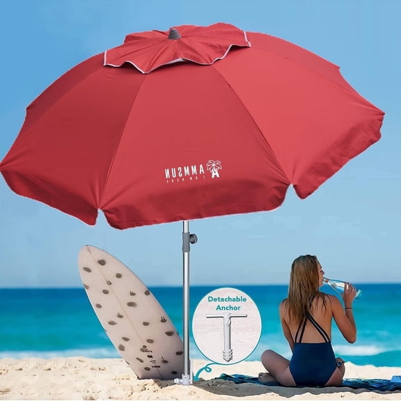 AMMSUN 7ft Heavy Duty Beach Umbrella UPF50 with Sand Anchor & Tilt Shelter & Bag,Red