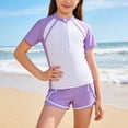 thumbnail image 2 of IVEYRTF Kids Solid Color Short Sleeve Two Piece Swimsuit Set Half Zip Top with Square Leg Bottoms Summer Outdoor Pool Parties Water Activities Sporty Comfort Outfit(Purple,11-12 Years), 2 of 5