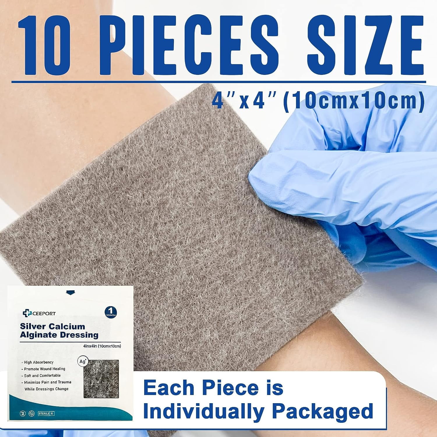 Ceeport Ag Silver Calcium Alginate Wound Dressing Pads, 4''x4'' Patches, 10 Individual Pack, Soft Silver Dressings for Wound Care, Gentle Highly Absorbent Dressing