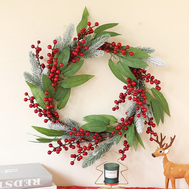 Corona Navideña Decoración de Frutos Rojos Simulados Xihbxyly con Escarcha y Diseño de Ventana