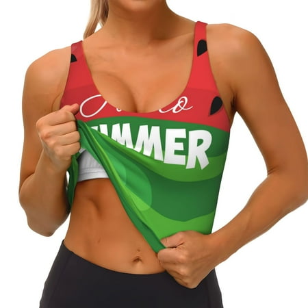 Qokaie Watermelon Hello Summer Pattern Womens Scoop Neck Sports Bra Breathable Workout Vest Padded U Back Medium Impact Fitness Gym Yoga Bra Workout Crop Top