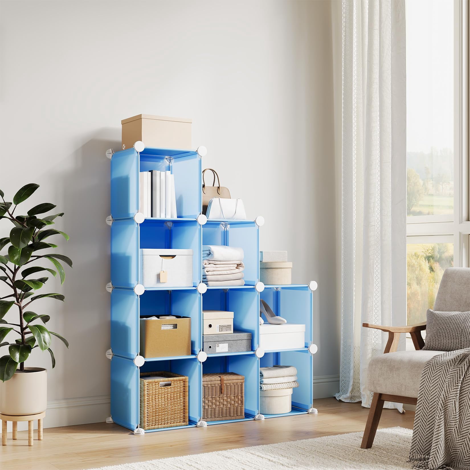 9 Cube Storage Organizer, DIY Modular Bookshelf & Closet Organizer, Plastic Stackable Shelving Cubes with Feet & Rubber Mallet