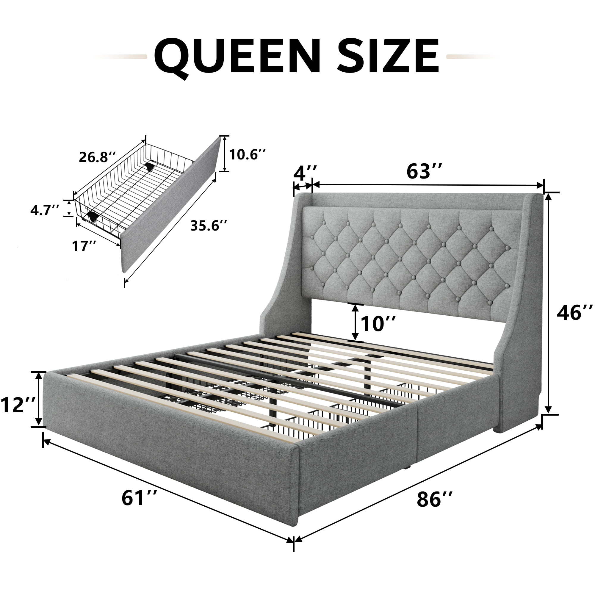 Virans Queen Bed Frame with 4 Storage Drawers, Upholstered Platform Bed Frame with Type-C & USB Ports, Wingback Storage Headboard,Light Gray